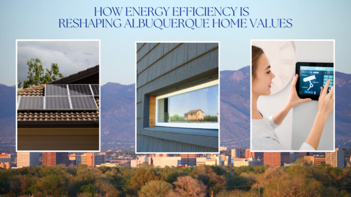 Ciudad de Albuquerque con paneles solares, ventana y mujer usando tableta. Eficiencia energética en bienes raíces.