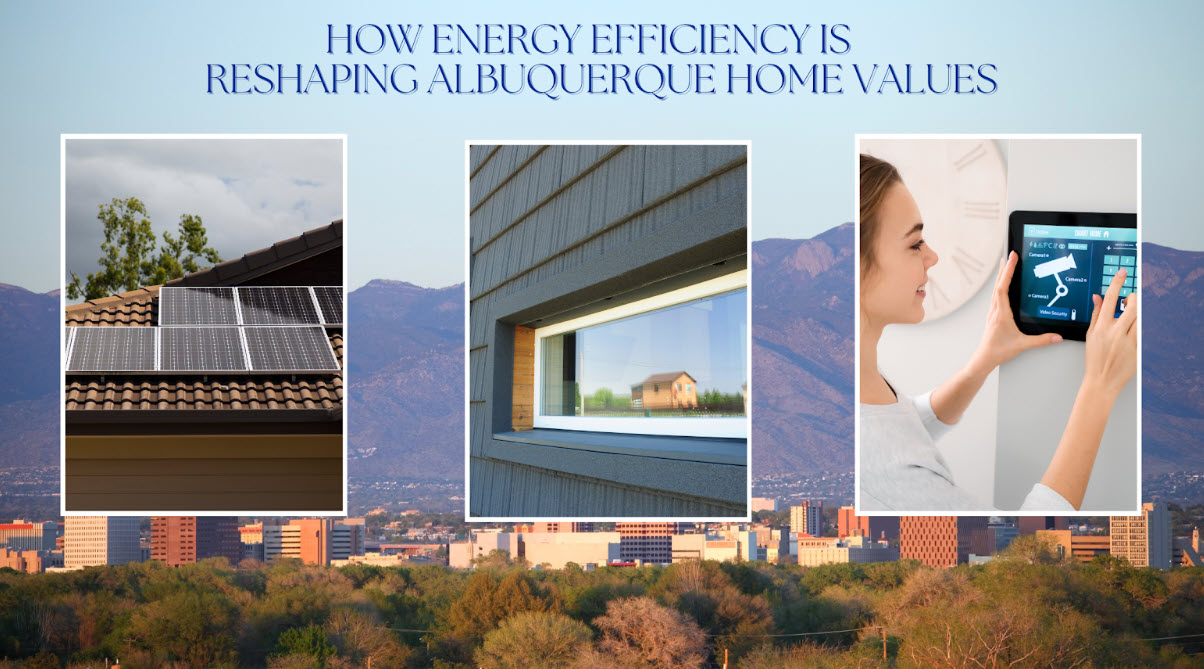 Ciudad de Albuquerque con paneles solares, ventana y mujer usando tableta. Eficiencia energética en bienes raíces.