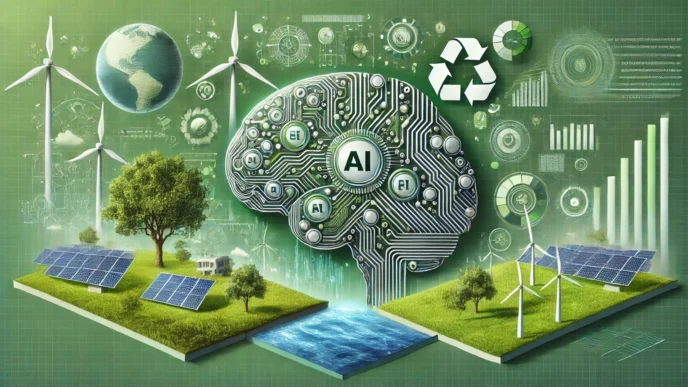 Ilustración de energía limpia y IA transformando el real estate sostenible: paneles solares, turbinas eólicas, cerebro de IA y gráficas verdes.