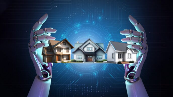 Manos robóticas sostienen casas, representando la evolución del lujo en real estate con IA y seguridad. Innovación y tecnología en el sector inmobiliario.