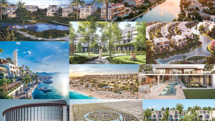 Mosaico de imágenes que muestran la evolución del Real Estate de lujo en Egipto. Vistas aéreas y detalles arquitectónicos de residencias exclusivas.