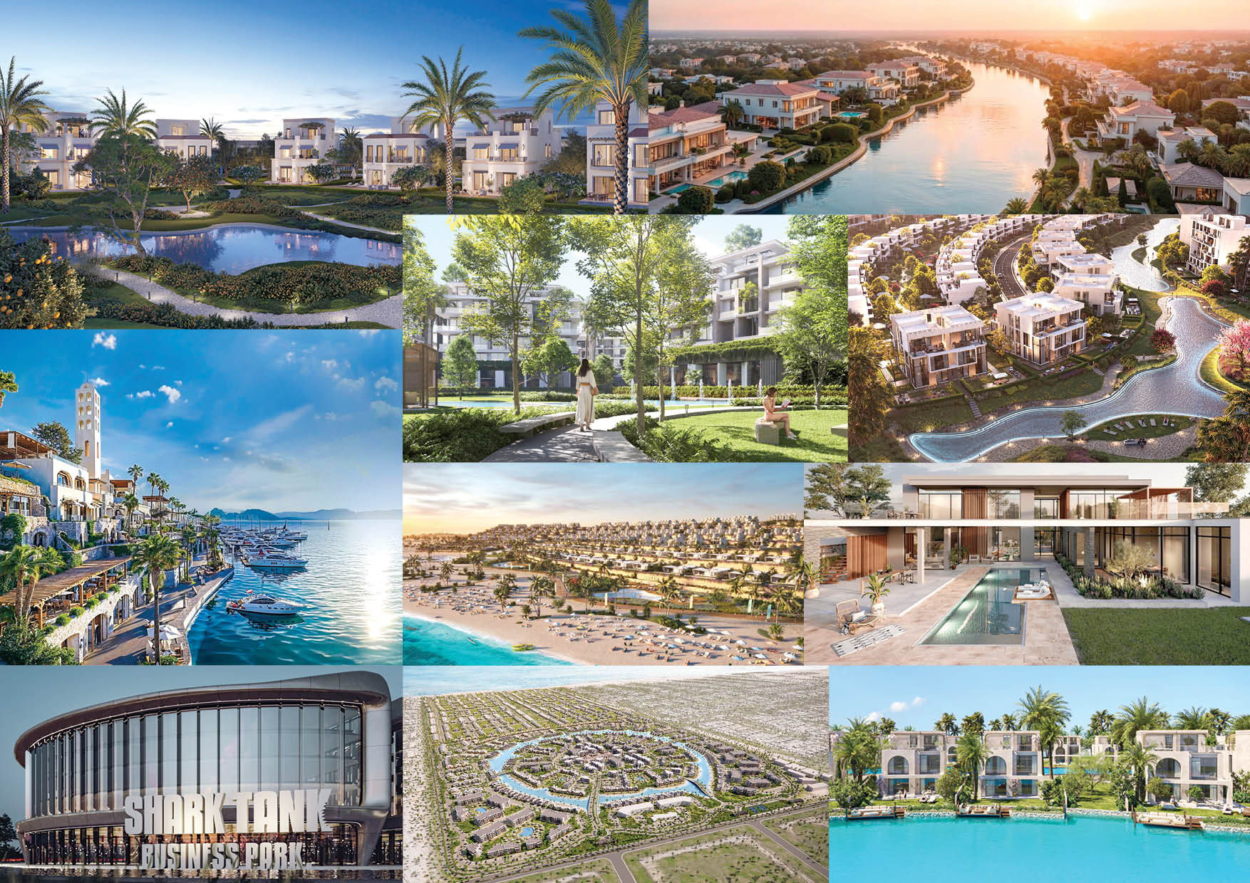 Mosaico de imágenes que muestran la evolución del Real Estate de lujo en Egipto. Vistas aéreas y detalles arquitectónicos de residencias exclusivas.
