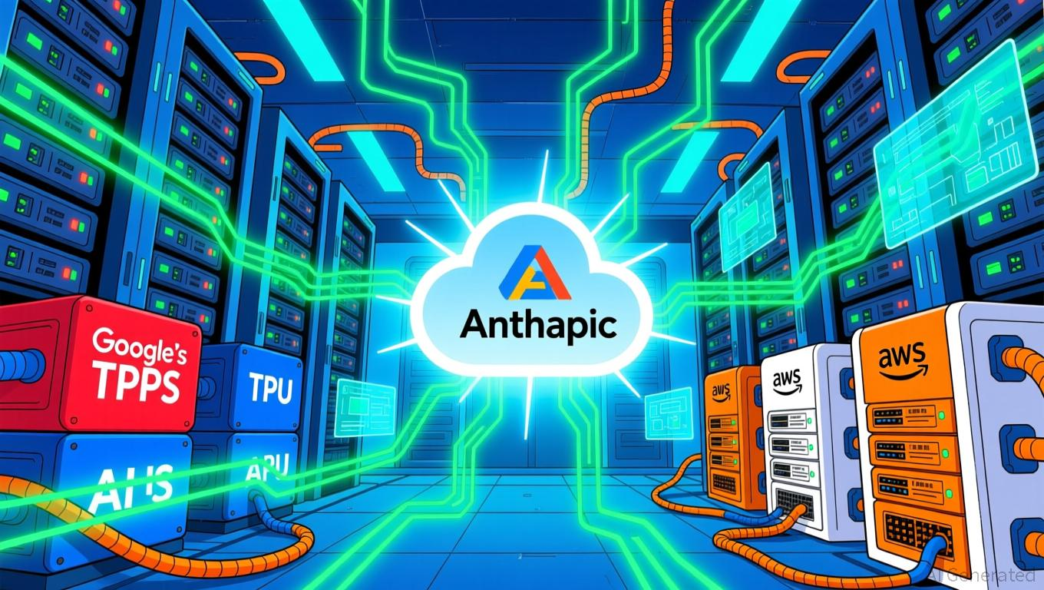 Representación de la expansión de TPUs de Anthropic con servidores de Google, AWS, y la nube de Anthropic. Un cambio estratégico en IA.
