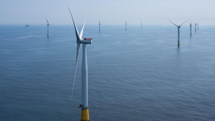 Financiación eólica marina: aerogeneradores en el mar impulsando la sostenibilidad inmobiliaria con energía renovable y un futuro más verde.