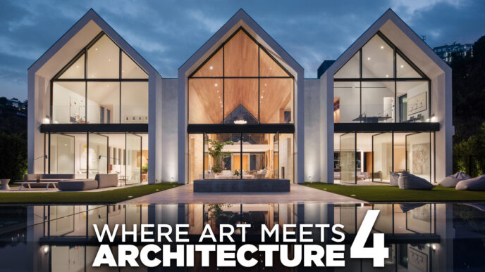 Fachada de una casa de lujo con grandes ventanales reflejándose en una piscina. Fotografía de arte inmobiliario que destaca diseño y exclusividad.