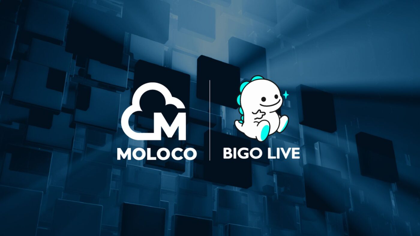 Logos de Moloco y Bigo Live sobre fondo abstracto azul. Retail media e IA se unen para el futuro del comercio. Colaboración estratégica Moloco IA
