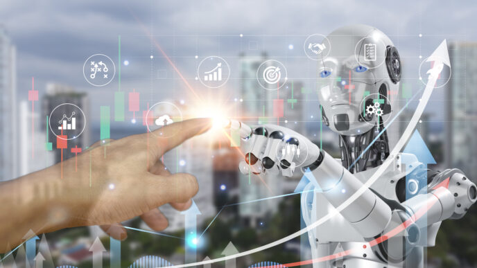 IA y seguro inmobiliario: Robot interactúa con datos financieros en mercados de riesgo. Innovación tecnológica para asegurar propiedades con inteligencia artificial.