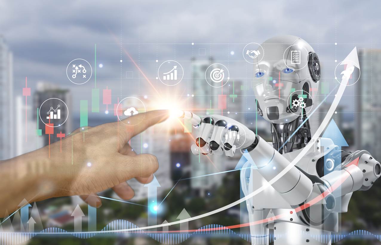 IA y seguro inmobiliario: Robot interactúa con datos financieros en mercados de riesgo. Innovación tecnológica para asegurar propiedades con inteligencia artificial.