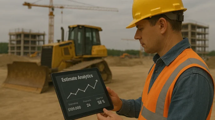 Obrero RIB Software revisando analíticas de construcción en tablet con IA. Excavadora y edificios en segundo plano. Microsoft impulsa la eficiencia.