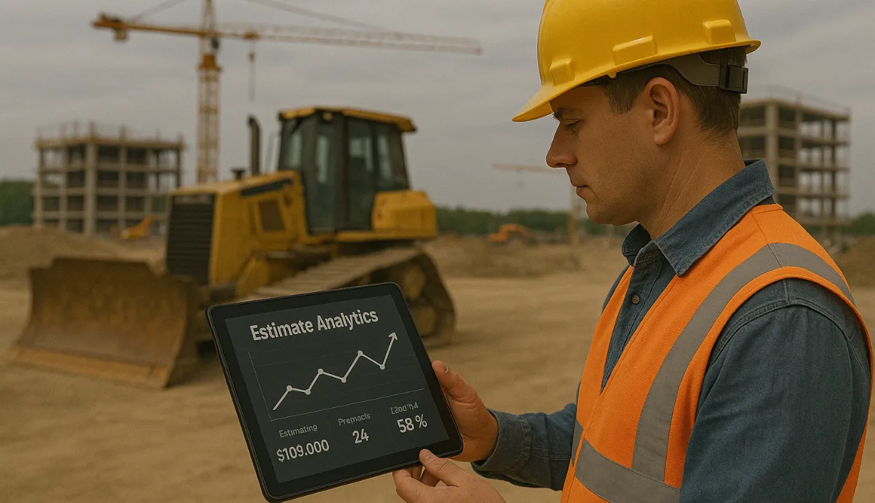 Obrero RIB Software revisando analíticas de construcción en tablet con IA. Excavadora y edificios en segundo plano. Microsoft impulsa la eficiencia.