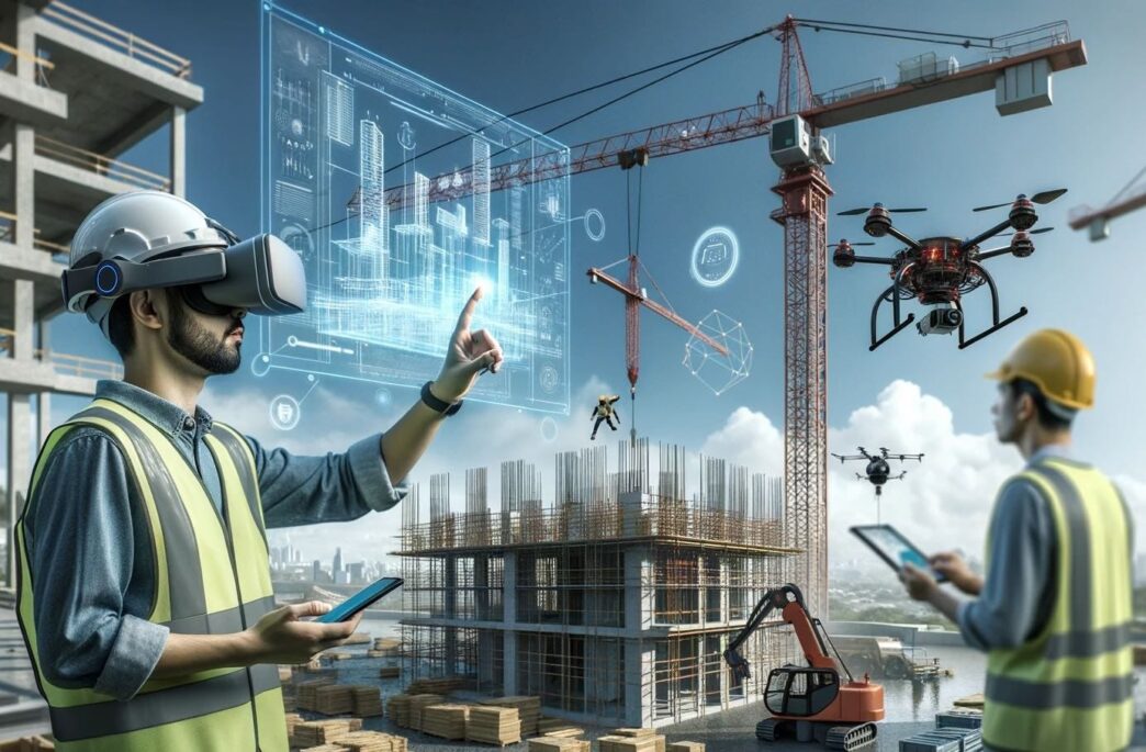 Inspección Real Estate con IA: Ingeniero con VR y dron supervisando construcción. Robótica transformando el sector inmobiliario. Innovación y tecnología