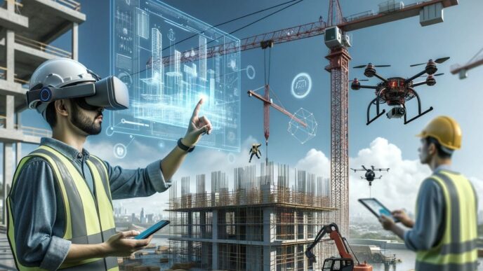 Inspección Real Estate con IA: Ingeniero con VR y dron supervisando construcción. Robótica transformando el sector inmobiliario. Innovación y tecnología
