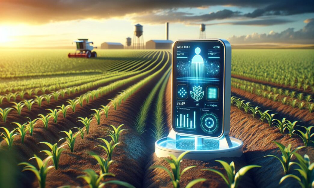Campo agrícola con tecnología IA: pantalla muestra datos de riego y estrés de plantas. Maquinaria agrícola al fondo. Impacto IA en gastronomía.