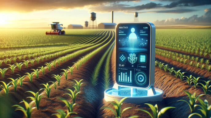 Campo agrícola con tecnología IA: pantalla muestra datos de riego y estrés de plantas. Maquinaria agrícola al fondo. Impacto IA en gastronomía.