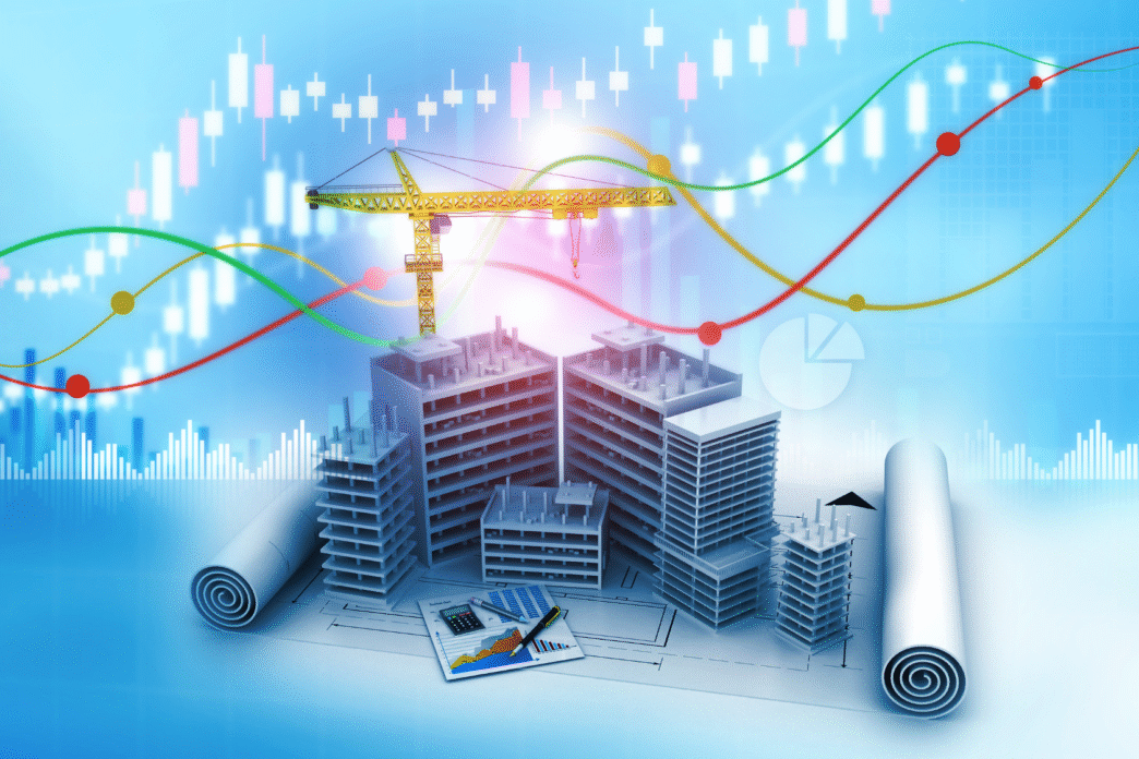 Infraestructura inmobiliaria automatizada con IA: edificios en construcción, grúa, planos, calculadora y gráficas bursátiles. Impacto de la IA.