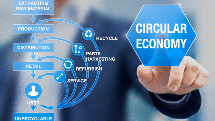 Diagrama de la economía circular y la IA en Real Estate. Muestra el ciclo de vida de materiales con reciclaje, reutilización y reducción de residuos. IA optimiza.