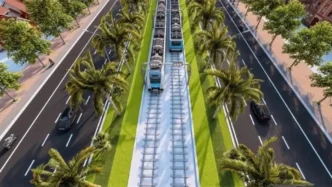 Visualización de la línea ferroviaria de Phu Quoc, un impulso sostenible al turismo. Trenes modernos entre palmeras y carreteras, diseño innovador y ecológico.