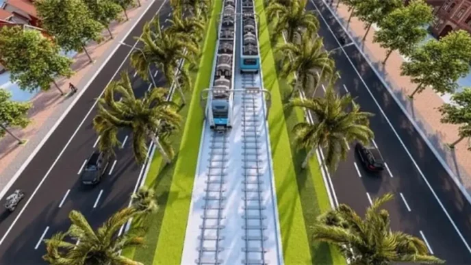 Visualización de la línea ferroviaria de Phu Quoc, un impulso sostenible al turismo. Trenes modernos entre palmeras y carreteras, diseño innovador y ecológico.