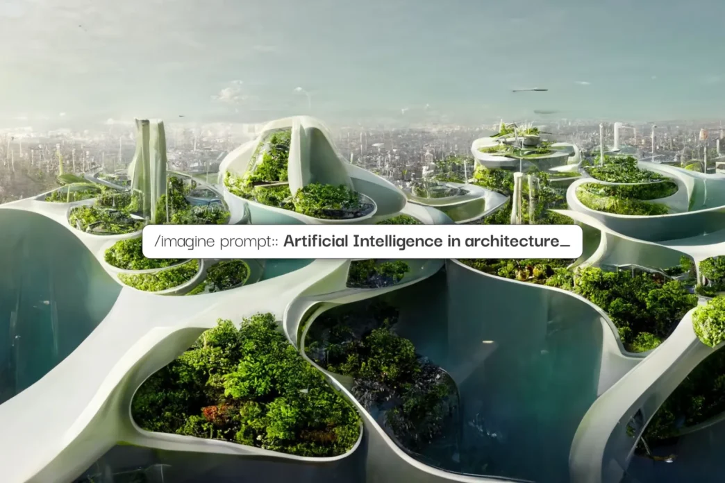 Diseño arquitectónico futurista impulsado por Inteligencia Artificial: ciudad verde con edificios orgánicos y vegetación exuberante. Nueva era del diseño IA.