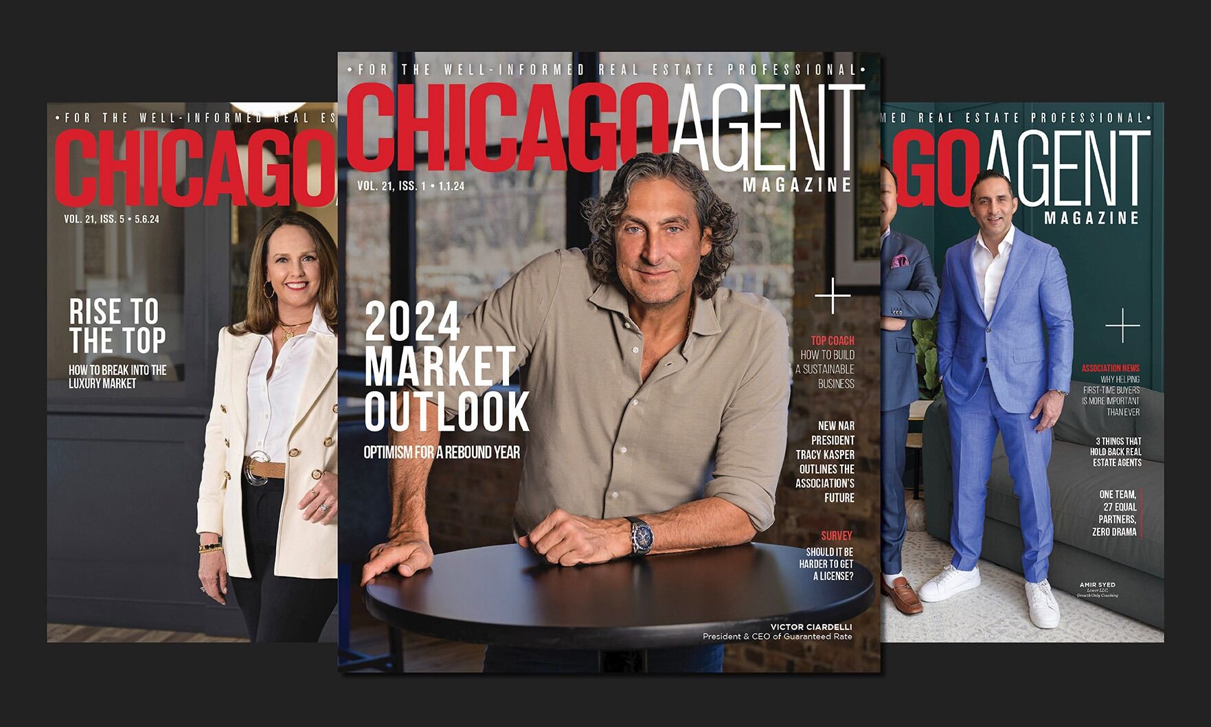 Revistas Chicago Agent: Storytelling inmobiliario de lujo. Portadas con análisis del mercado 2024 y líderes destacados en bienes raíces.