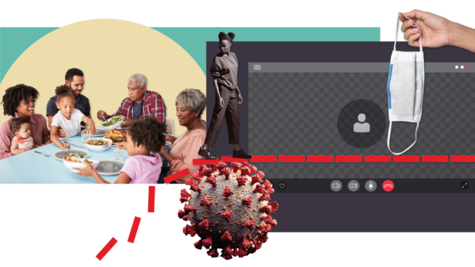 Ilustración de la pandemia mostrando una familia cenando, una persona caminando y una videollamada. La lección de la pandemia en el proyecto.