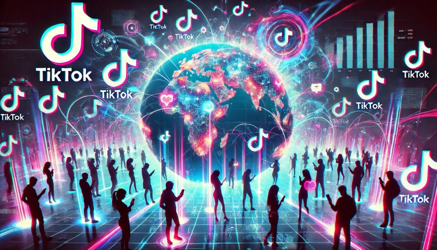 Impacto de TikTok en el Real Estate: Personas usando la app frente a un globo terráqueo digital y gráficos. La revolución inmobiliaria en marcha.