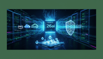 Ilustración digital de Oracle 26AI, la revolución en arquitectura de datos empresariales con AWS, Azure, seguridad y tecnologías AI Lakehouse.
