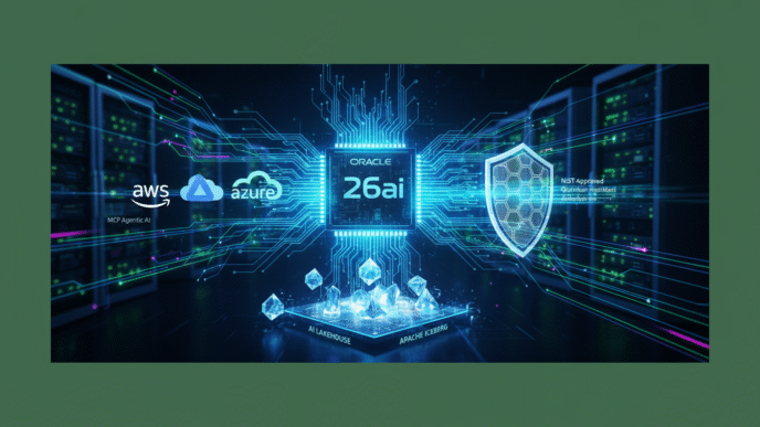 Ilustración digital de Oracle 26AI, la revolución en arquitectura de datos empresariales con AWS, Azure, seguridad y tecnologías AI Lakehouse.