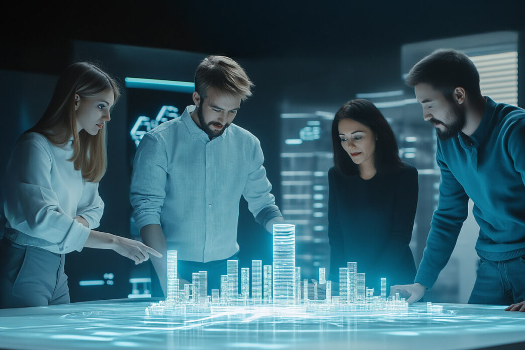 Equipo analizando gemelo digital de real estate. Innovación tecnológica en el sector inmobiliario con visualización 3D y diseño colaborativo.