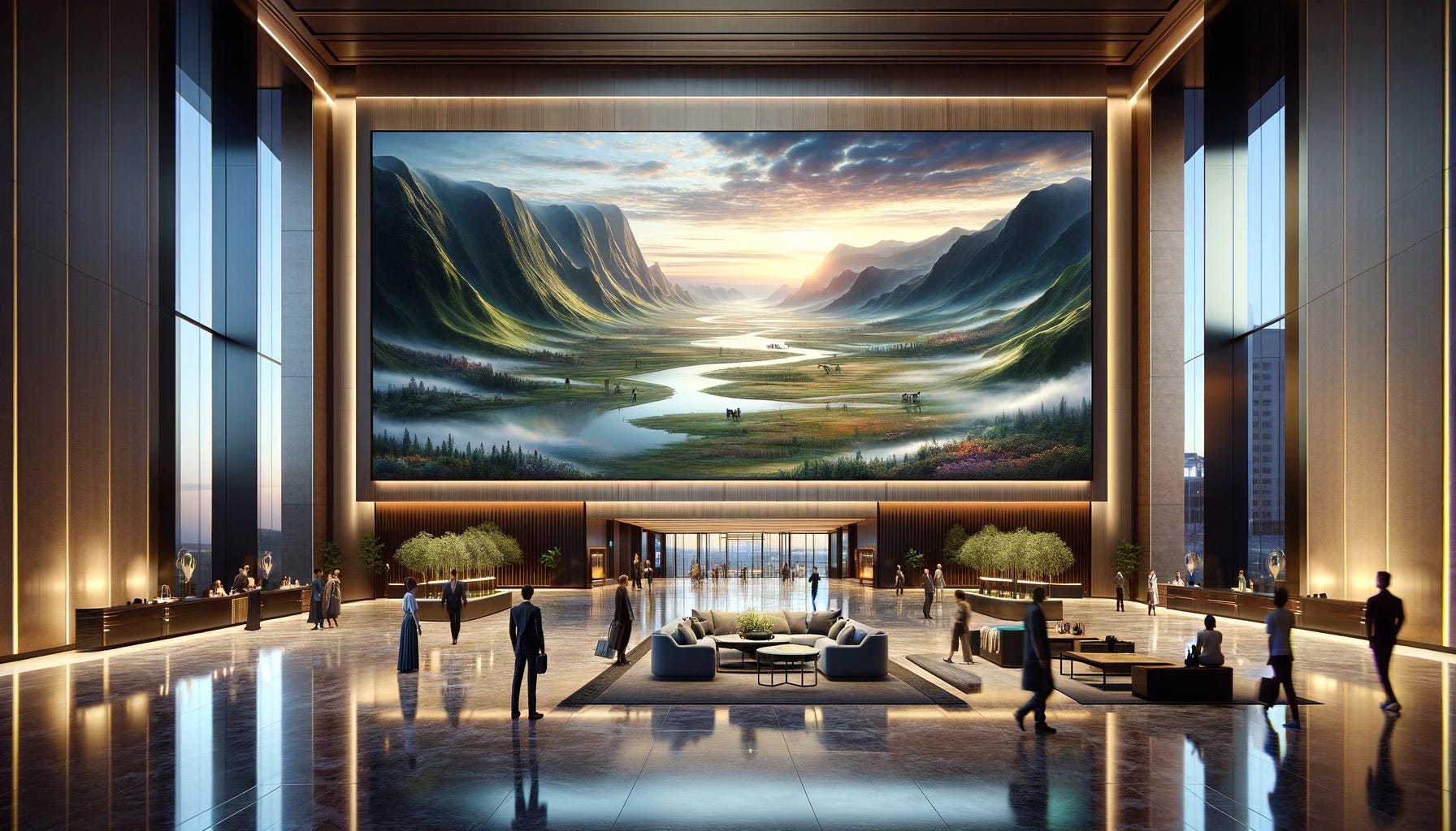 Lobby lujoso de hotel con mural de paisaje. Inversión visionaria en la revolución del lujo hotelero con diseño moderno y arte inspirador. 125 caracteres