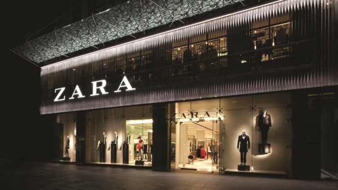 Fachada iluminada de Zara, un ejemplo de retail tech en el lujo arquitectónico. Maniquíes exhiben moda actual tras los grandes ventanales.