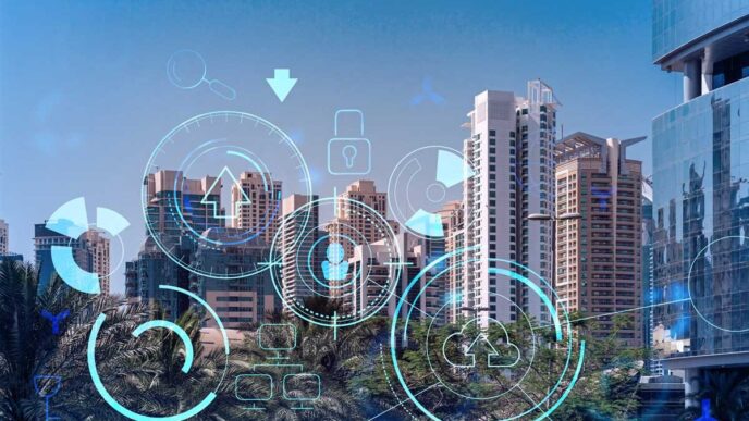 Dubai PropTech: Rascacielos con superposición digital, íconos PropTech. Inversión inmobiliaria moderna e innovadora en Dubai. Revolución tecnológica.