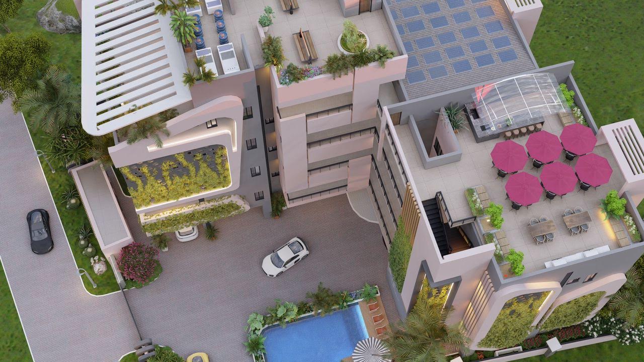 Vista aérea de edificio proptech en Nigeria. Diseño moderno con piscina, terrazas y vegetación. Representa innovación y crecimiento inmobiliario.