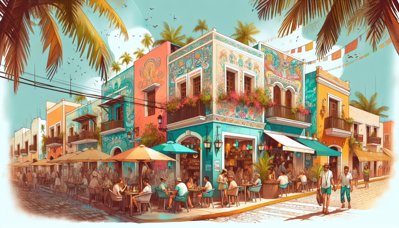 Colorida imagen de la Riviera Maya, mostrando su vibrante arquitectura, gente disfrutando de restaurantes y palmeras. Inmobiliaria Riviera Maya.