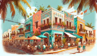 Colorida imagen de la Riviera Maya, mostrando su vibrante arquitectura, gente disfrutando de restaurantes y palmeras. Inmobiliaria Riviera Maya.