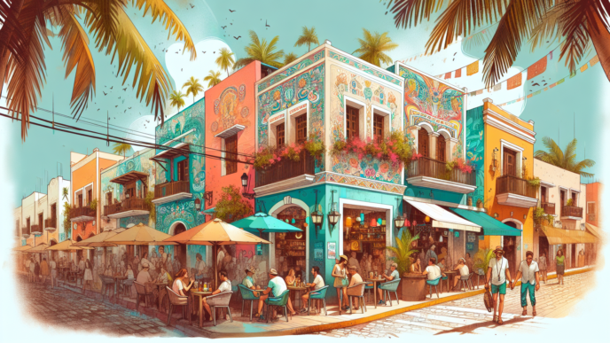 Colorida imagen de la Riviera Maya, mostrando su vibrante arquitectura, gente disfrutando de restaurantes y palmeras. Inmobiliaria Riviera Maya.