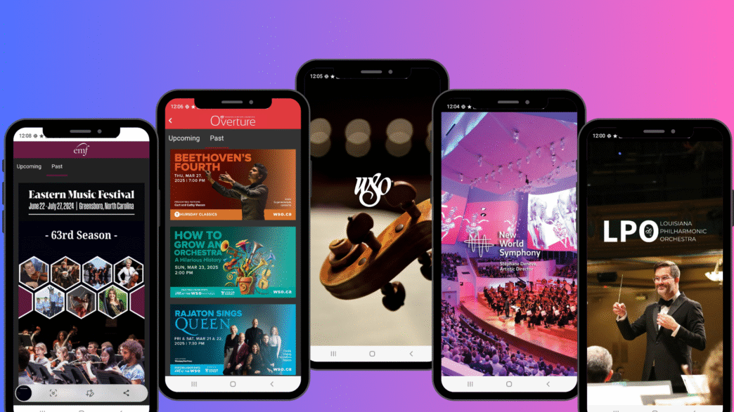Móviles mostrando apps de música clásica: Sinfonía Digital. Eastern Music Festival, Beethoven's Fourth, New World Symphony, Louisiana Philharmonic