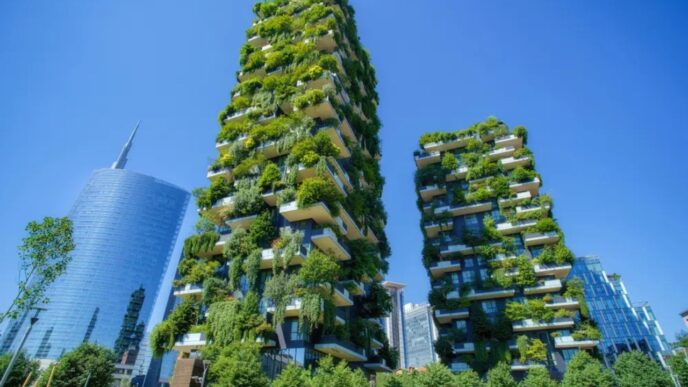 Dos torres residenciales ecológicas en Dubái, con vegetación exuberante en balcones. Arquitectura sostenible que impulsa el mercado inmobiliario.
