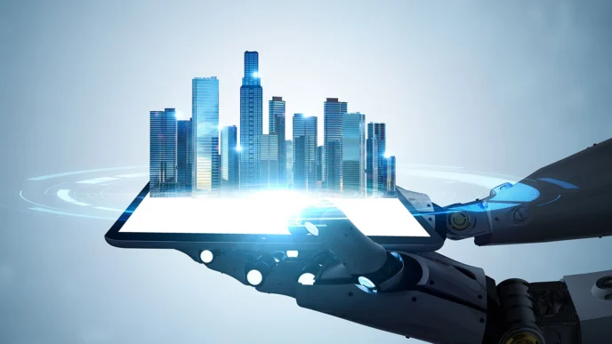 Ilustración de ciudad futurista en tablet sostenida por brazo robótico. Inmobiliare Summits, real estate, innovación.