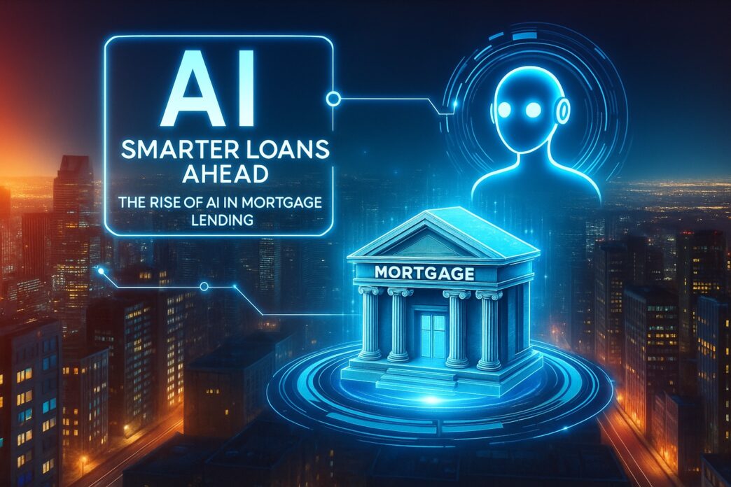 Visualización de la Transformación Digital en el Mercado Hipotecario con IA, mostrando una edificación bancaria futurista y un horizonte urbano.