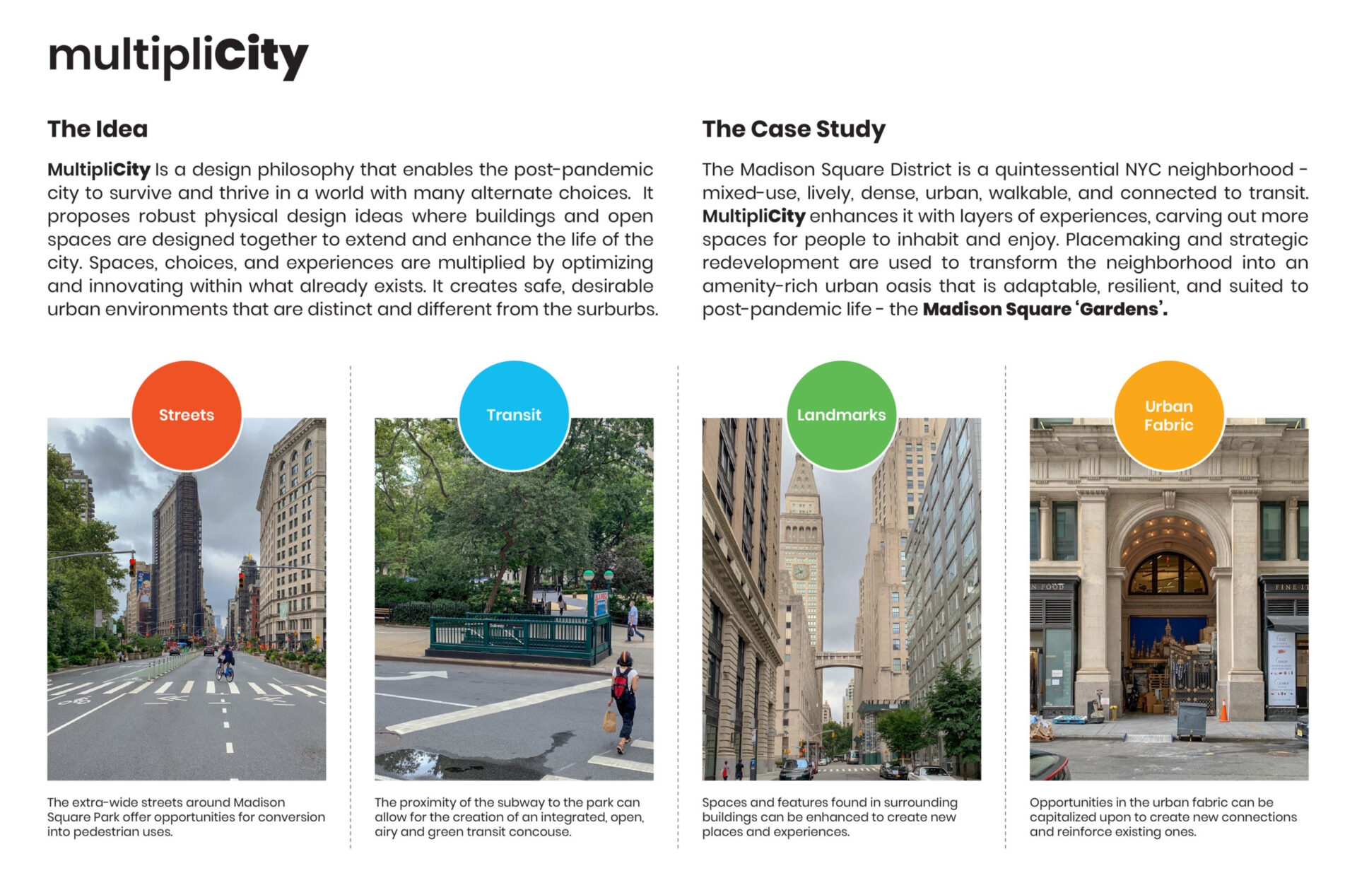 Venue/Architecture.

Diseño MultipliCity, caso de estudio en Inmobiliare Summits. Calles, transporte, monumentos y tejido urbano de NYC. Desarrollo urbano post-COVID.