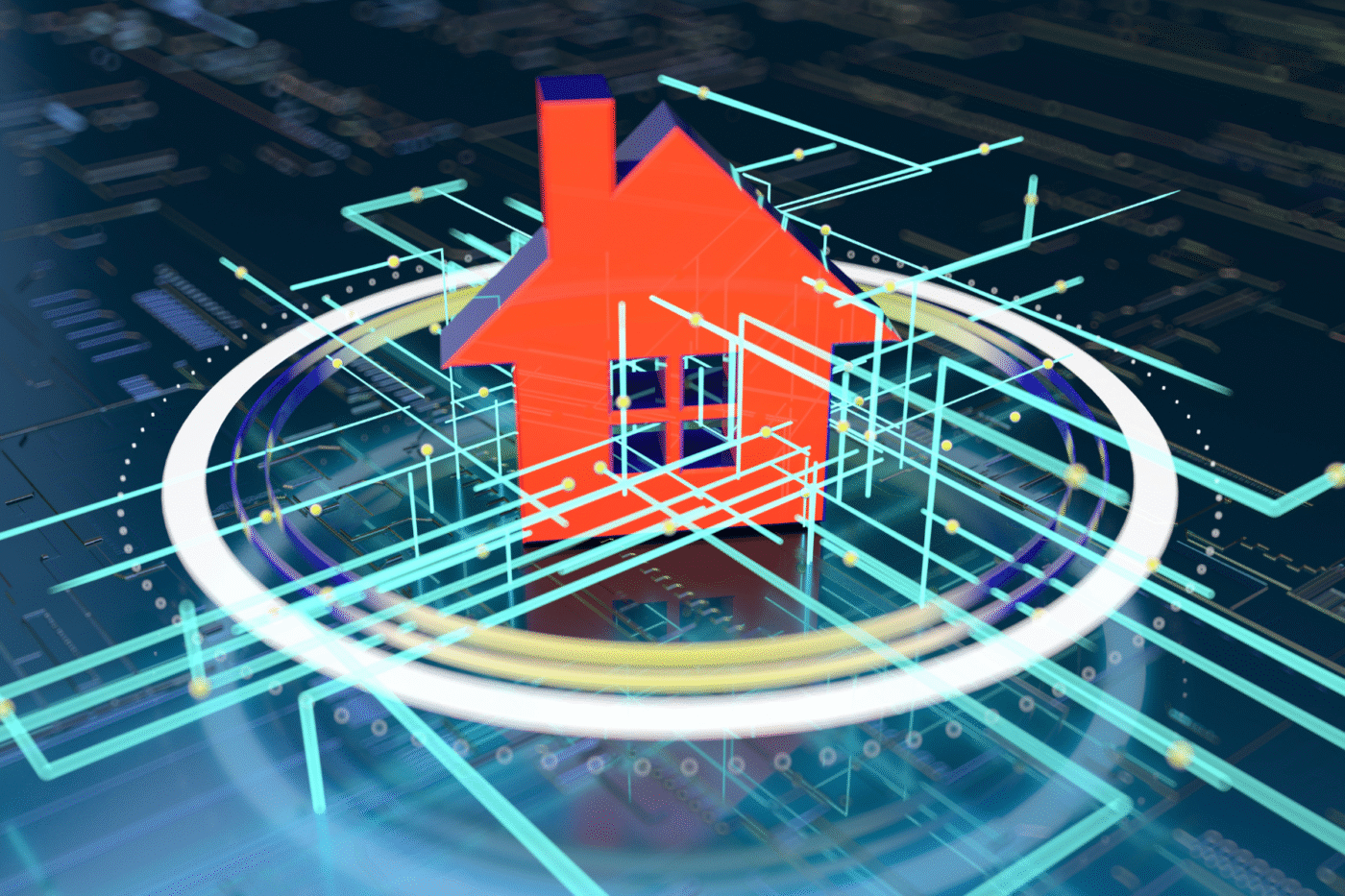 Ilustración 3D de casa roja, proptech residencial de lujo. Representa innovación tecnológica en el mercado inmobiliario con líneas y circuitos.
