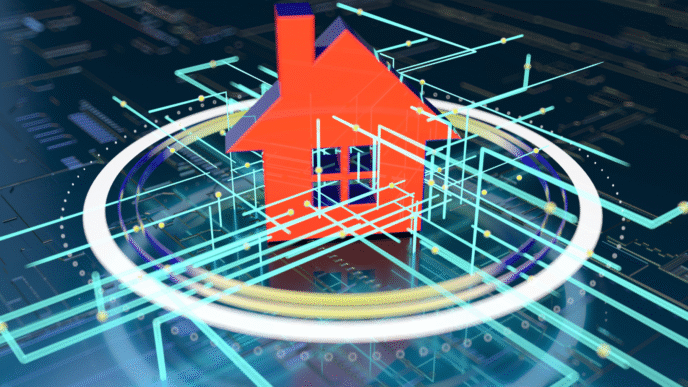 Ilustración 3D de casa roja, proptech residencial de lujo. Representa innovación tecnológica en el mercado inmobiliario con líneas y circuitos.