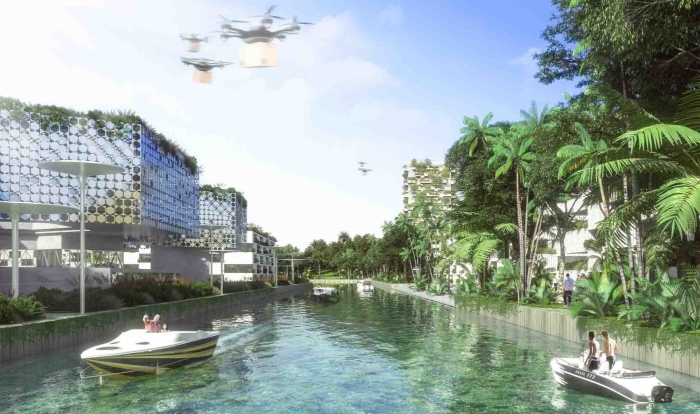 Visualización de ciudades circulares en la Riviera Maya con edificios ecológicos, canales y drones. Futuro sostenible en un entorno tropical.