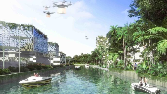 Visualización de ciudades circulares en la Riviera Maya con edificios ecológicos, canales y drones. Futuro sostenible en un entorno tropical.