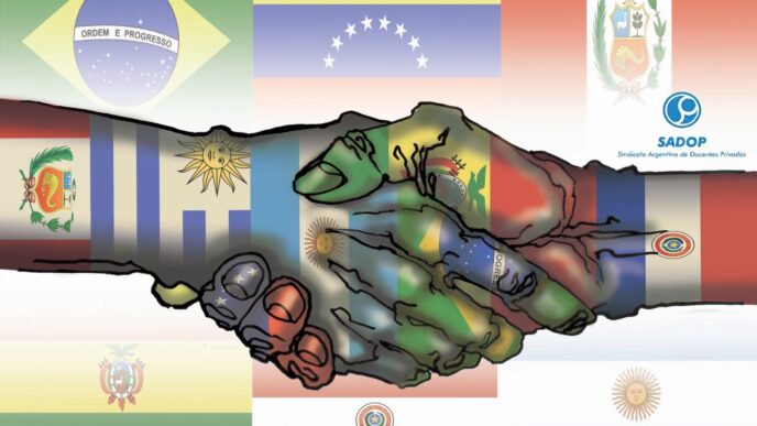 Ilustración de un apretón de manos con banderas LATAM. Expansión de negocios en Latinoamérica. Inmobiliare Summits.