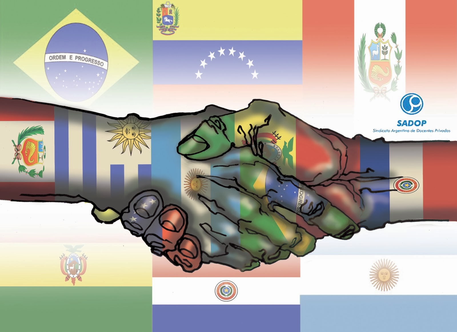 Ilustración de un apretón de manos con banderas LATAM. Expansión de negocios en Latinoamérica. Inmobiliare Summits.