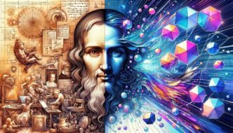 Representación de la red LazAI: mitad Leonardo da Vinci, mitad IA con cubos Web3. Revolución de la IA en infraestructura digital avanzada.