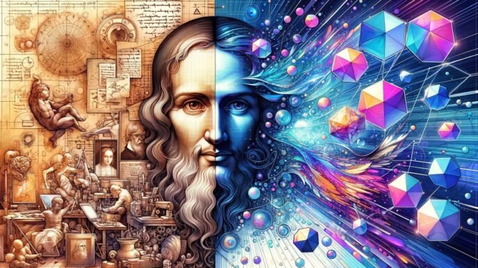 Representación de la red LazAI: mitad Leonardo da Vinci, mitad IA con cubos Web3. Revolución de la IA en infraestructura digital avanzada.