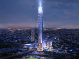 Visualización de Legends Tower, rascacielos en Oklahoma City. Será el más alto de EE. UU. con aprobación del Ayuntamiento. Arquitectura moderna y ciudad.